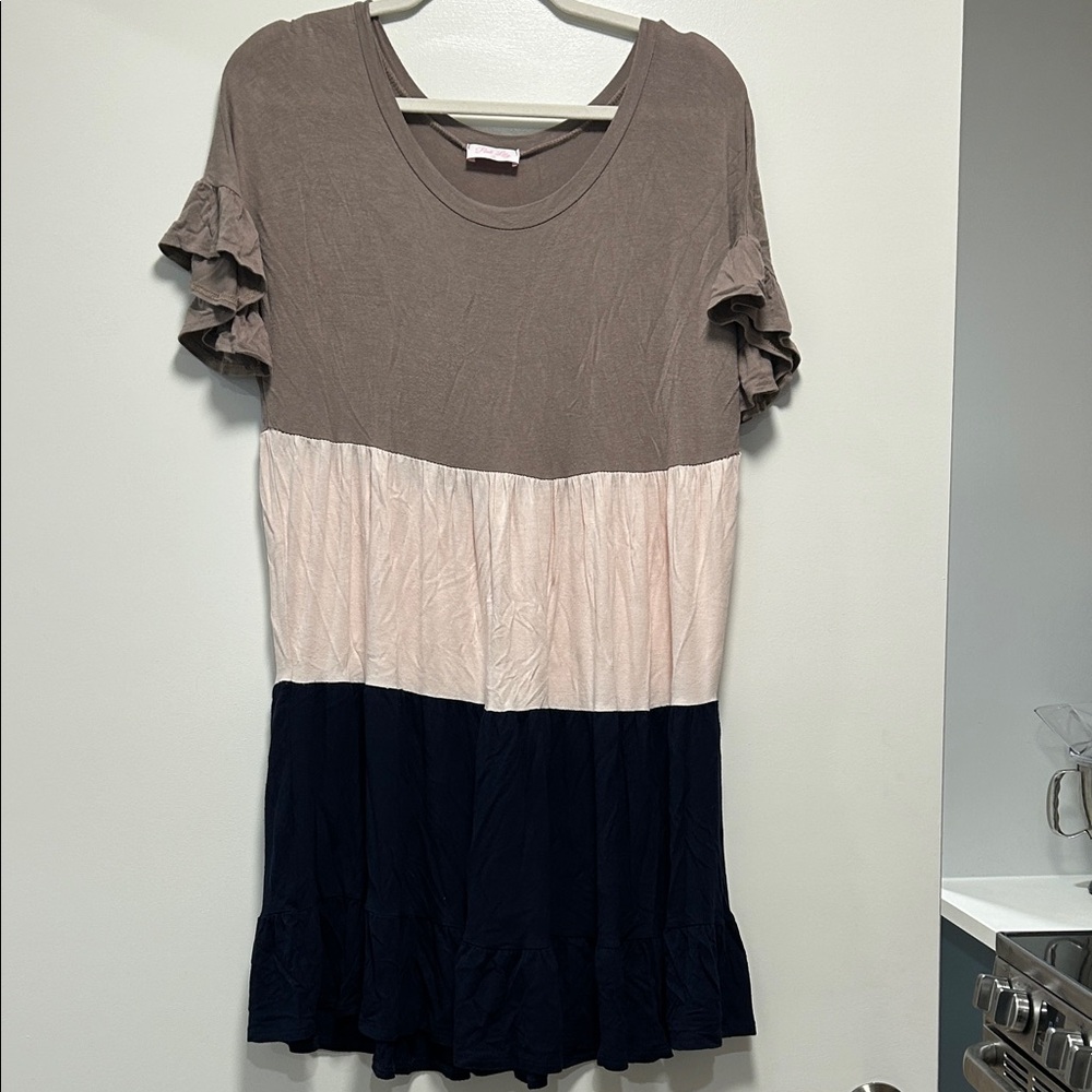 Pink Lily Colorblock Midi Dress - Brown, Pink, and Navy